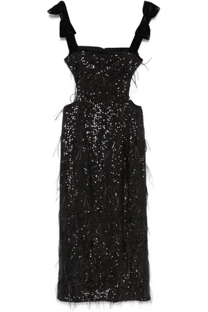 NISSA Feather-detailing sequinned midi dress