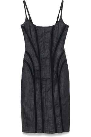 MUGLER Mesh-panel denim midi dress