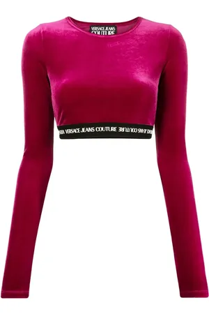 VERSACE Logo-waistband cropped velvet top