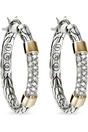 John Hardy Sterling 14k yellow gold chain-link diamond hoop earrings