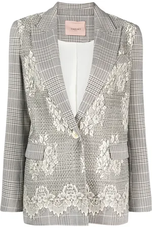 Twin-Set Glen plaid-check lace-appliqué blazer