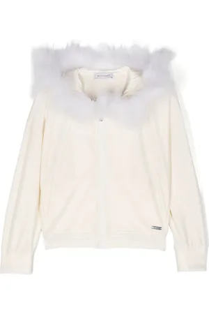 MONNALISA Feather-detail velvet zip-up hoodie