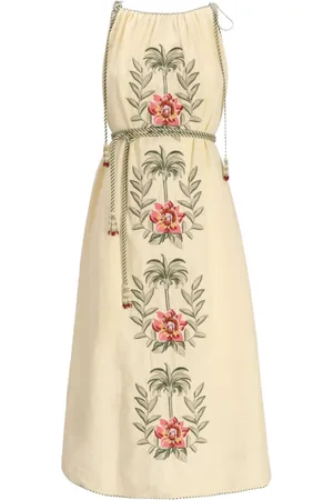 Farm Rio Sand Tropical Flower embroidered midi dress