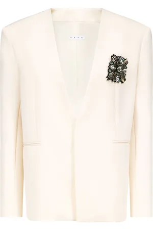 AREA Crystal-brooch collarless blazer