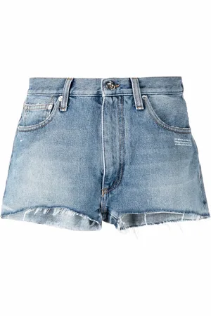 OFF-WHITE Logo-print frayed-edge denim shorts