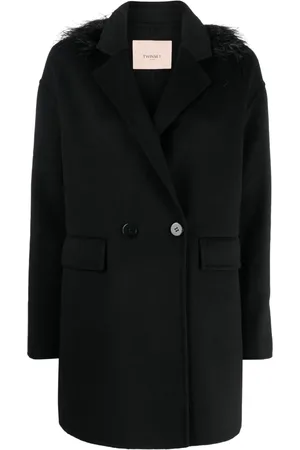 Twin-Set Feather-trim double-breasted coat