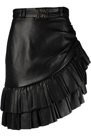 Balmain Short asymmetric ruffled leather skirt