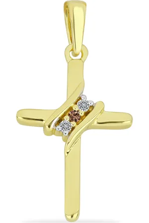 LUXURY Kříž Pozlacený Stříbrný Přívěsek s Champagne Diamantem a Bílým Diamantem