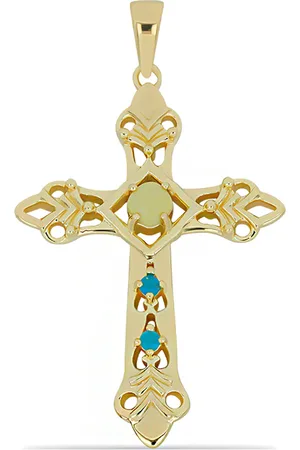 LUXURY Kříž Pozlacený Stříbrný Přívěsek se Žlutým Serpentinem a etiopským Paraiba modrým opálem