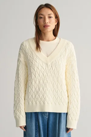 GANT SVETR TEXTURED COTTON V-NECK CREAM