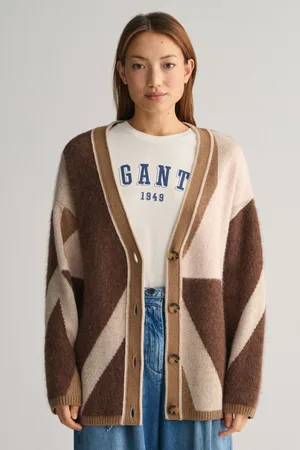 GANT KARDIGAN LETTERSPRINT INTARSIA CARDIGAN ROASTED WALNUT