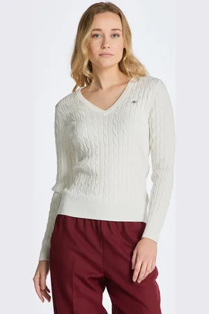 GANT SVETR STRETCH COTTON CABLE V-NECK EGGSHELL