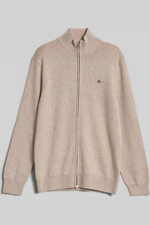 GANT SVETR CASUAL COTTON ZIP CARDIGAN LIGHT BEIGE MELANGE