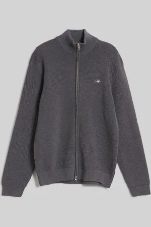 GANT KARDIGAN TEXTURED COTTON FULL ZIP CARDIGAN ANTRACIT MELANGE
