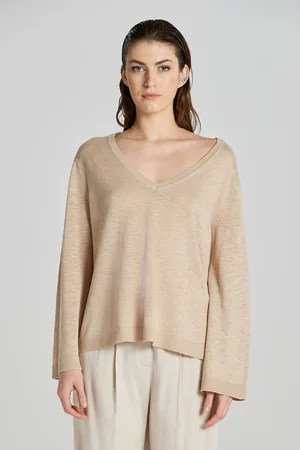 GANT SVETR LINEN BLEND V-NECK DRY SAND