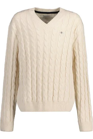 GANT SVETR SHIELD RELAXED CABLE V-NECK EGGSHELL