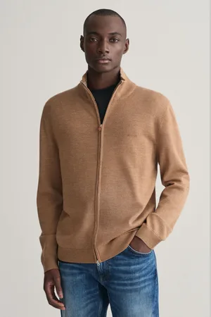 GANT SVETR EXTRAFINE MERINO WOOL ZIP CARDIGAN DK. SAND MELANGE