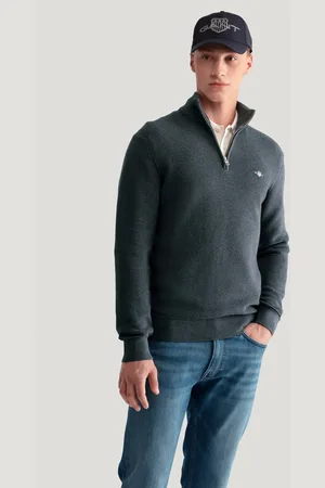 GANT SVETR TEXTURED COTTON H-ZIP ANTRACIT MELANGE
