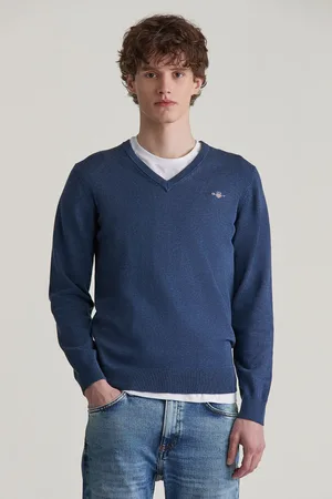 GANT SVETR CLASSIC COTTON V-NECK DARK JEANSBLUE MELANGE