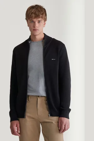 GANT SVETR COTTON PIQUE ZIP CARDIGAN BLACK
