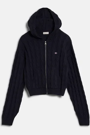 GANT KARDIGAN SHIELD CROPPED CABLE ZIP HOODIE EGGSHELL