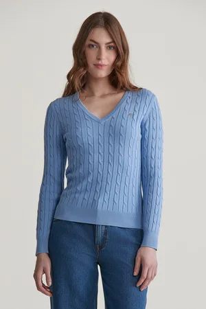 GANT SVETR STRETCH COTTON CABLE V-NECK CLEAR SKY