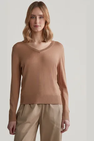 GANT SVETR FINE KNIT V-NECK CARAMEL BEIGE