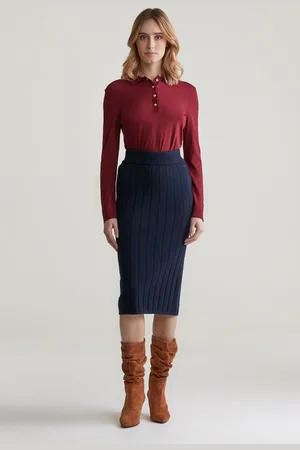 GANT SUKNĚ WIDE RIBBED WOOL SKIRT EVENING BLUE