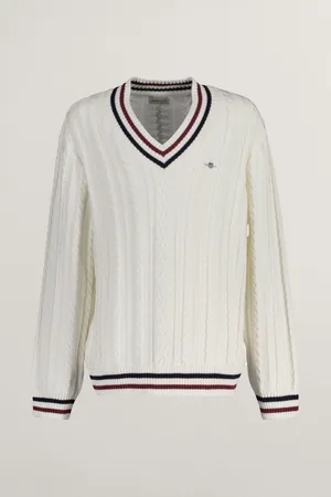 GANT SVETR STRIPED CABLE V-NECK EGGSHELL