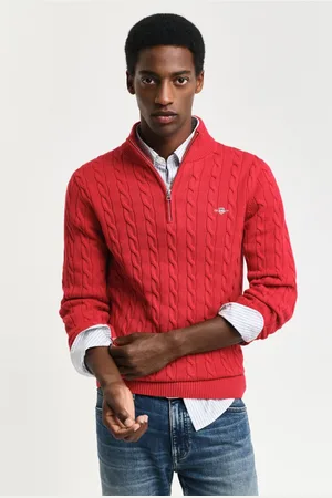 GANT SVETR COTTON CABLE HALF ZIP RUBY RED