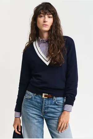 GANT SVETR CONTRAST V-NECK EVENING BLUE