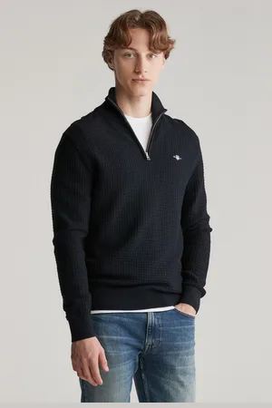 GANT SVETR COTTON TEXTURED HALF ZIP BLACK