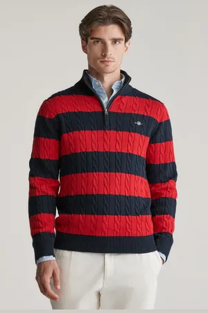 GANT SVETR STRIPED COTTON CABLE HALF ZIP RUBY RED