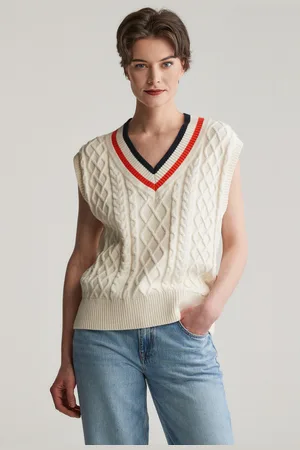 GANT VESTA CONTRAST CABLE V-NECK VEST CREAM
