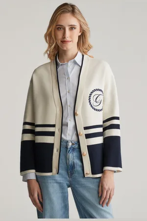 GANT SVETR VARSITY V-NECK CARDIGAN CREAM