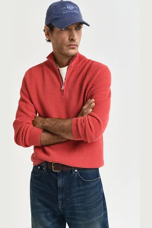 GANT SVETR TEXTURED COTTON HALF ZIP BRICK RED