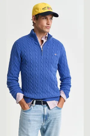GANT SVETR COTTON CABLE HALF ZIP RICH BLUE