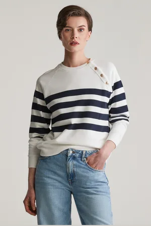 GANT MIKINA STRIPED GOLD BUTTON C-NECK SWEAT EGGSHELL
