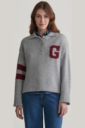 GANT SVETR G INTARSIA KNITTED POLO LIGHT GREY MELANGE