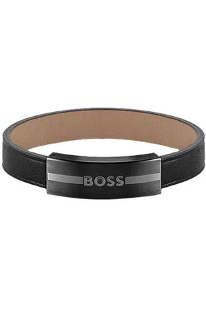 HUGO BOSS Leather cuff with enamel-filled logo plate