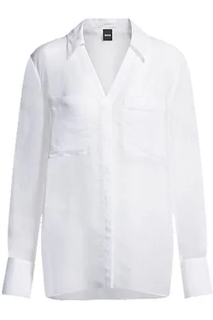 HUGO BOSS V-neck blouse in ramie with collar detail