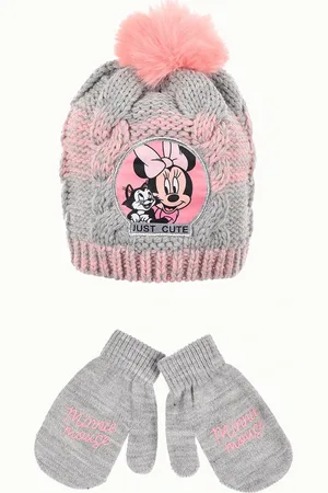 Minnie Disney šedo-růžová zimní sada čepice a rukavic