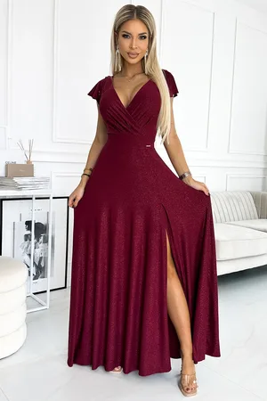 Numoco Vínové třpytivé maxi šaty s výstřihem CRYSTAL 411-8 bordo