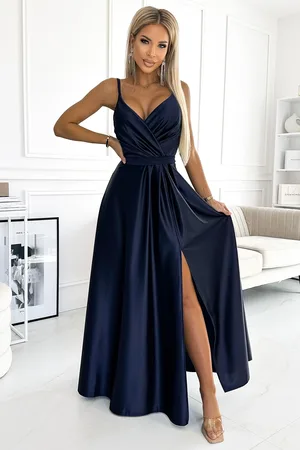 Numoco Tmavě modré lesklé maxi šaty JULIET 512-2 dark blue