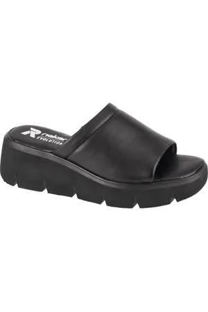 Rieker Černé dámské kožené nazouváky Flip-Flops na klínku