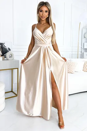 Numoco Světle béžové lesklé maxi šaty JULIET 512-3 beige