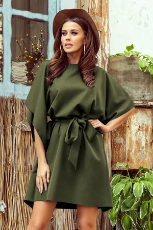 Numoco Elegantní šaty NICOLA s opaskem - khaki 287-13