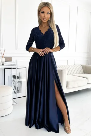 Numoco Elegantní tmavě modré krajkové dlouhé šaty s výstřihem ELISA 309-7 dark blue