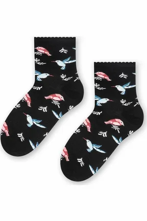 Steven Tmavě modré dívčí ponožky s ptáčky Art.084 XB033, NAVY BLUE