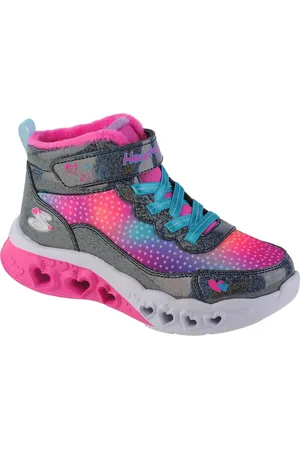 Skechers Šedo-růžové dívčí svítící zimní kotníkové tenisky Flutter Heart Lights - Simple Amor 302677L-NVMT